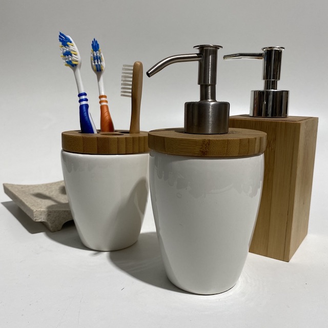 BATHROOM ACCESSORY, Contemp White Wood Pump Pack or Toothbrush Holder